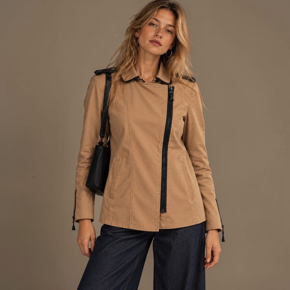 Mango Canvas Moto Jacket Asymmetric Zip Camel Black Sz XS